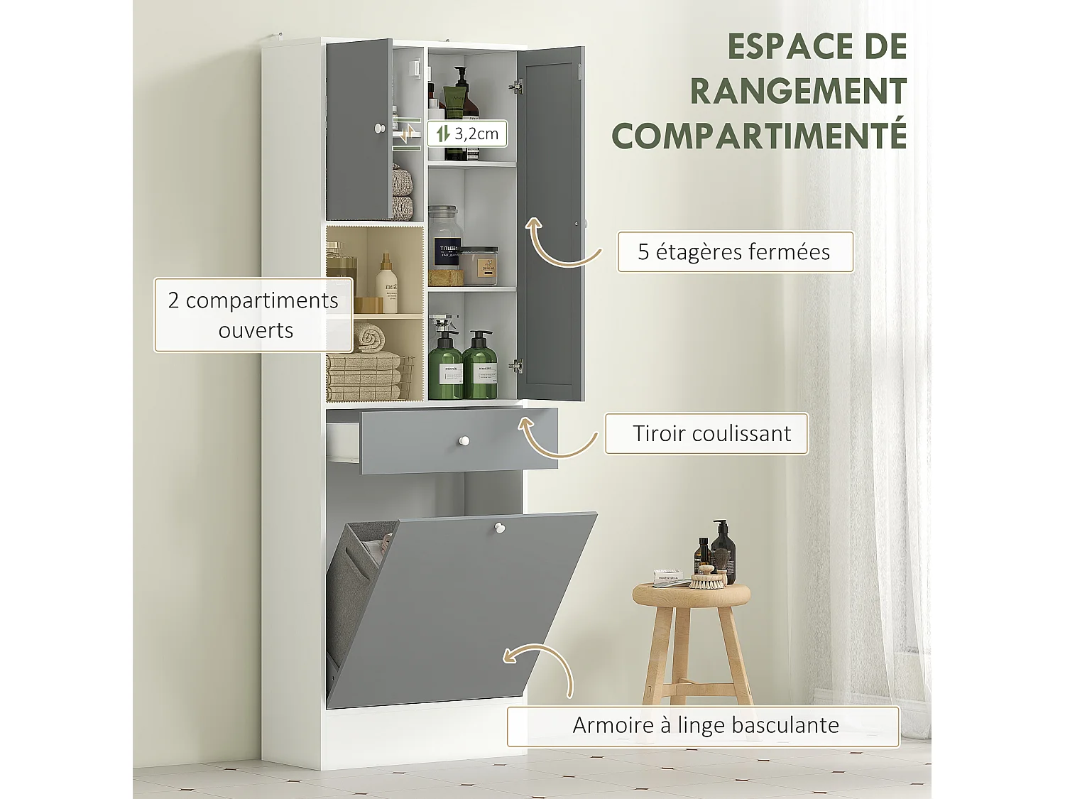Meuble haut de salle de bain avec miroir - panier à linge à bascule, 2 portes, 3 étagères, 2 niches, tiroir - blanc gris