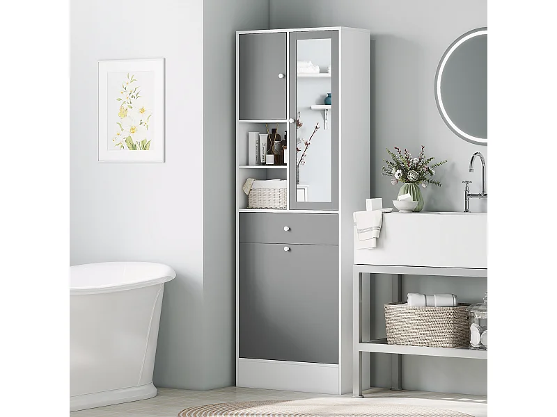 Meuble haut de salle de bain avec miroir - panier à linge à bascule, 2 portes, 3 étagères, 2 niches, tiroir - blanc gris
