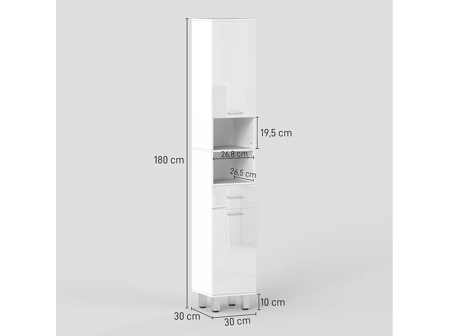 Colonne salle de bain H.180cm façade blanc laqué 2 portes, 2 étagères, 2 niches, tiroir