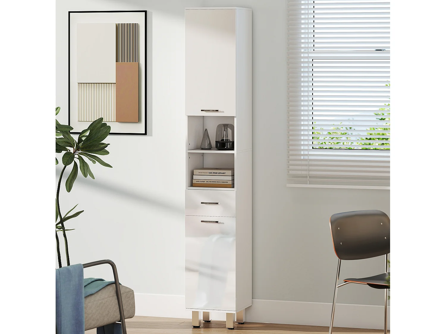 Colonne salle de bain H.180cm façade blanc laqué 2 portes, 2 étagères, 2 niches, tiroir