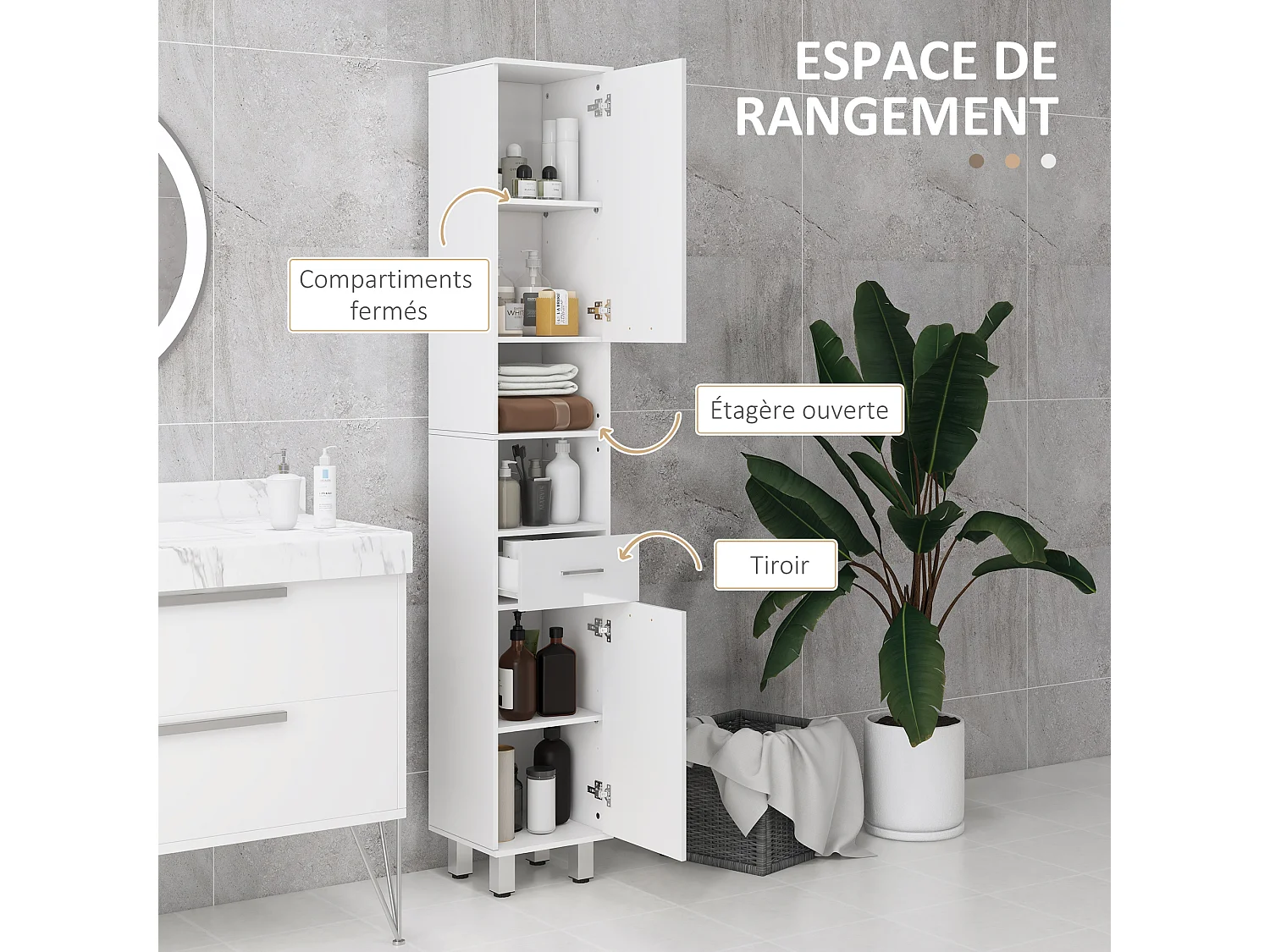 Colonne salle de bain H.180cm façade blanc laqué 2 portes, 2 étagères, 2 niches, tiroir