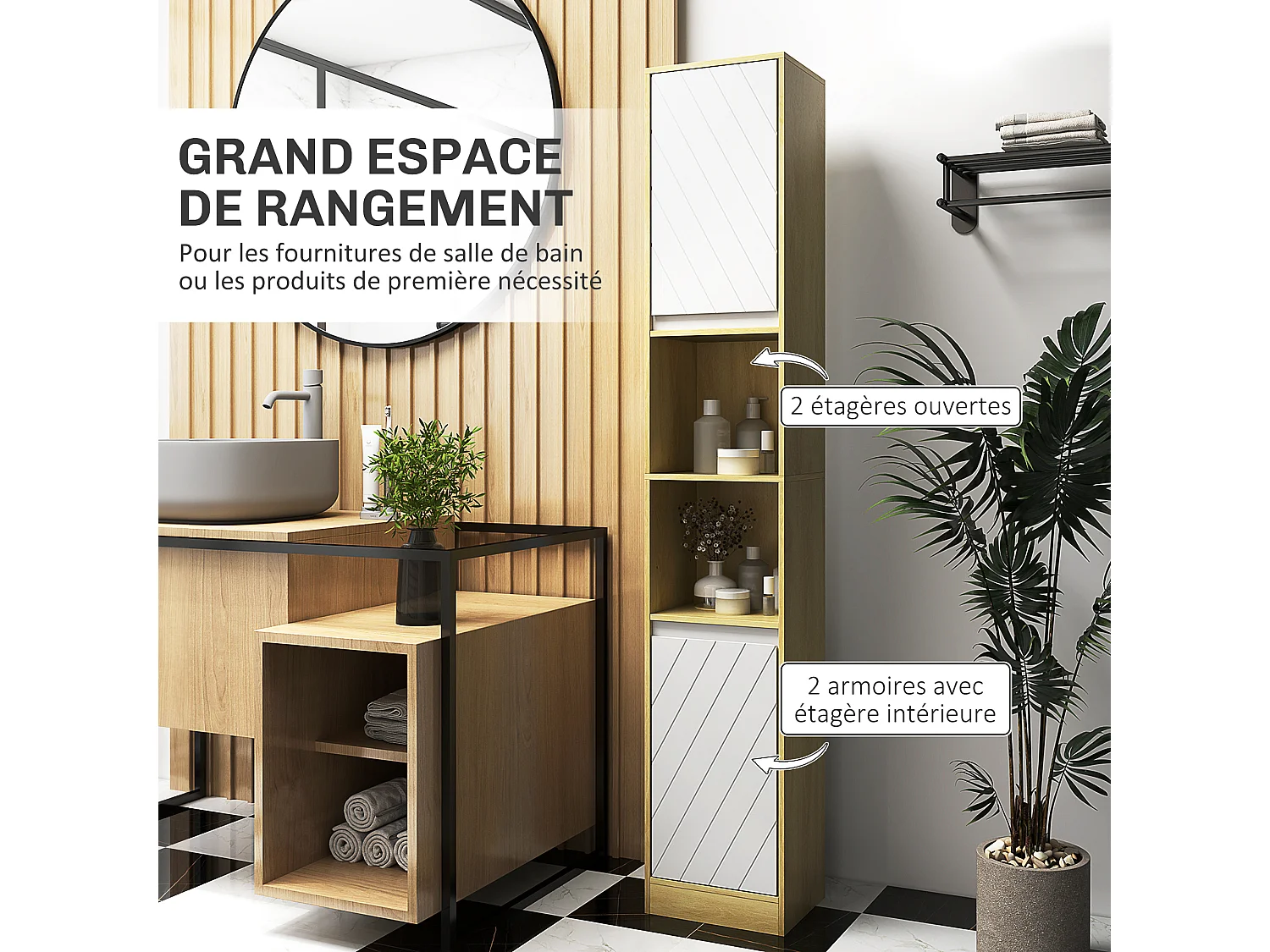 Colonne meuble salle de bain style cosy H.170 cm 2 portes étagère 2 niches effet bois clair blanc