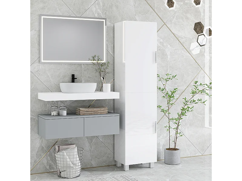 Colonne salle de bain façade blanc laqué - 2 portes, 4 étagères - dim. 40x30x167cm - blanc