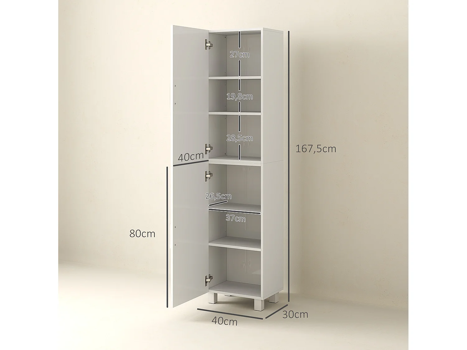 Colonne salle de bain façade blanc laqué - 2 portes, 4 étagères - dim. 40x30x167cm - blanc