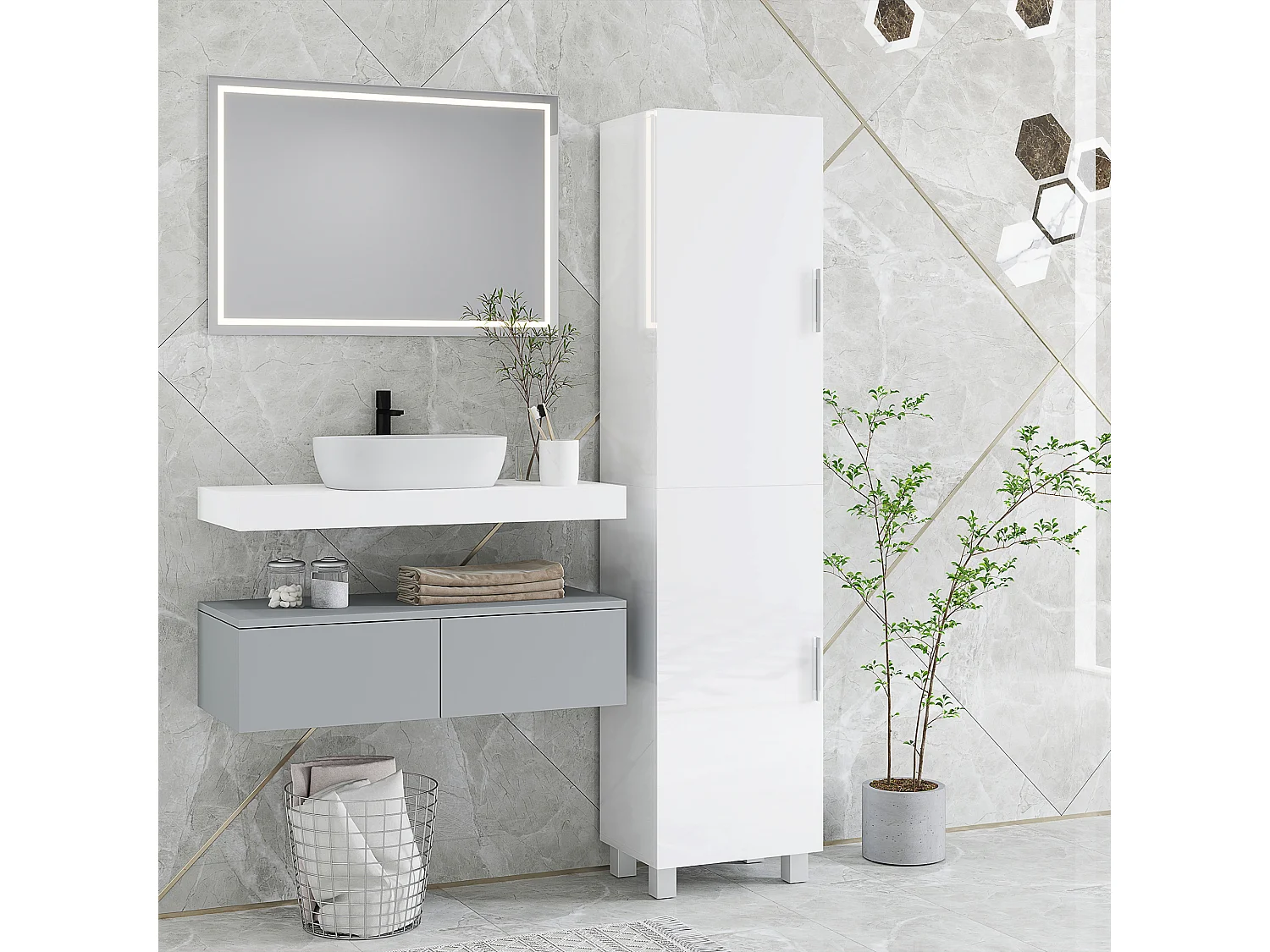 Colonne salle de bain façade blanc laqué - 2 portes, 4 étagères - dim. 40x30x167cm - blanc