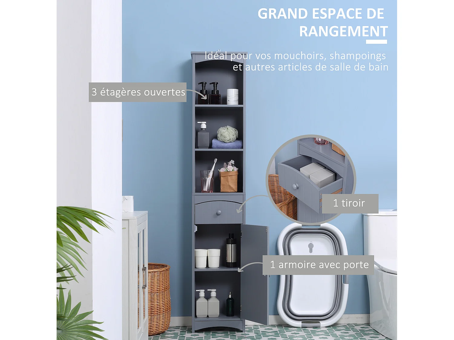 Meuble colonne de salle de bain moderne 34L x 24l x 170H cm gris
