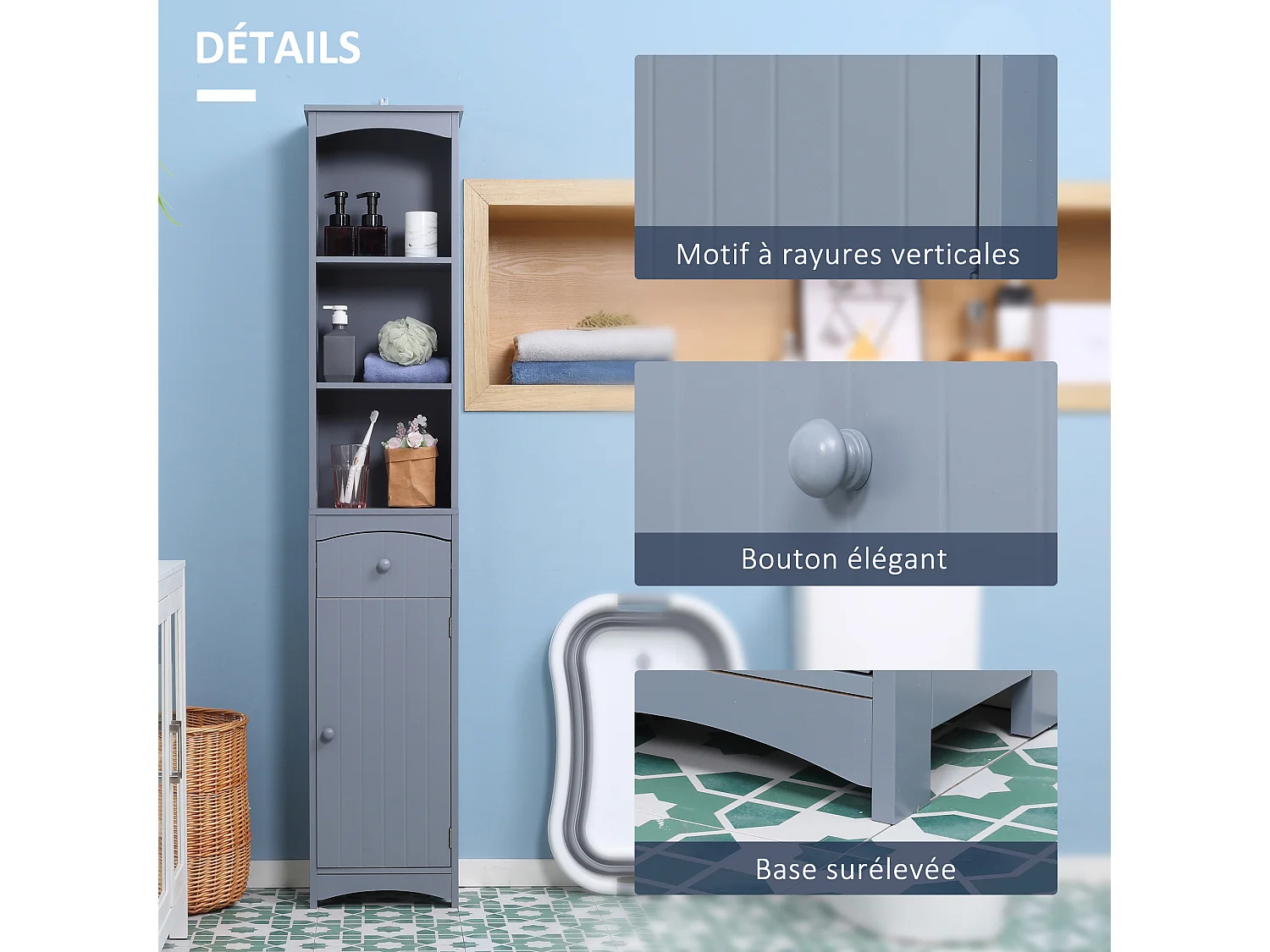 Meuble colonne de salle de bain moderne 34L x 24l x 170H cm gris