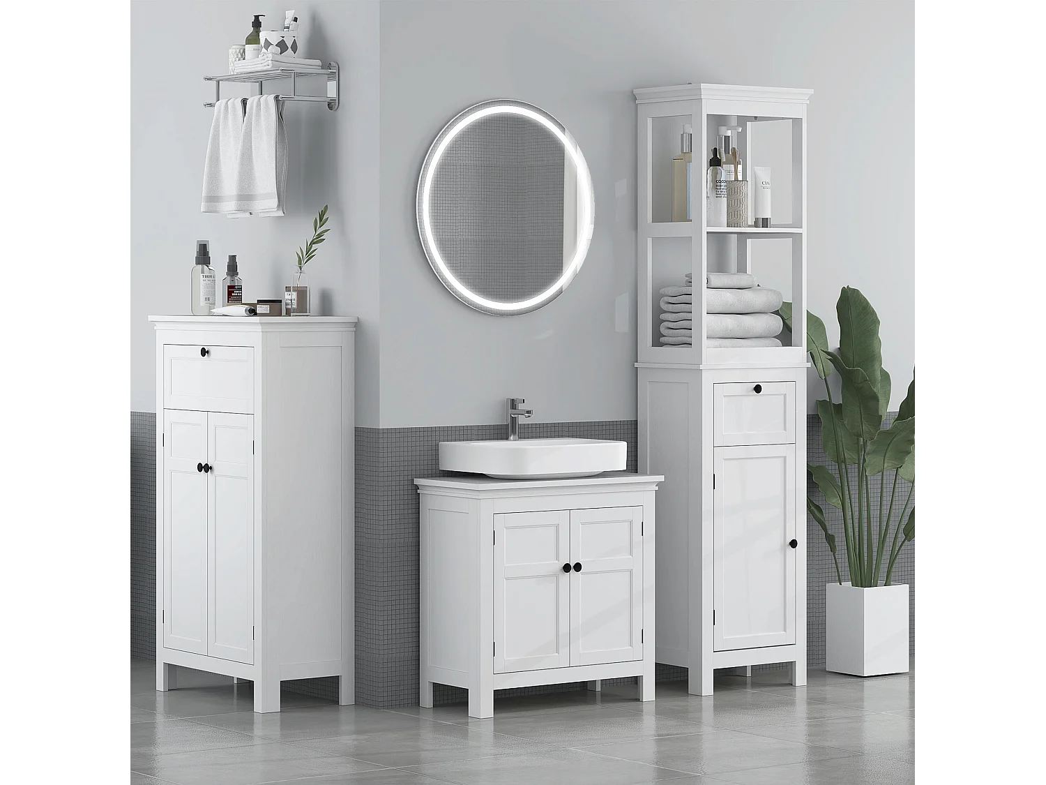 Meuble colonne salle de bain style classique chic porte 3 étagères tiroir blanc