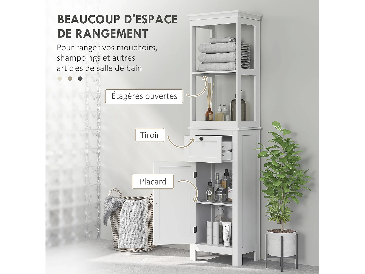 Meuble colonne salle de bain style classique chic porte 3 étagères tiroir blanc