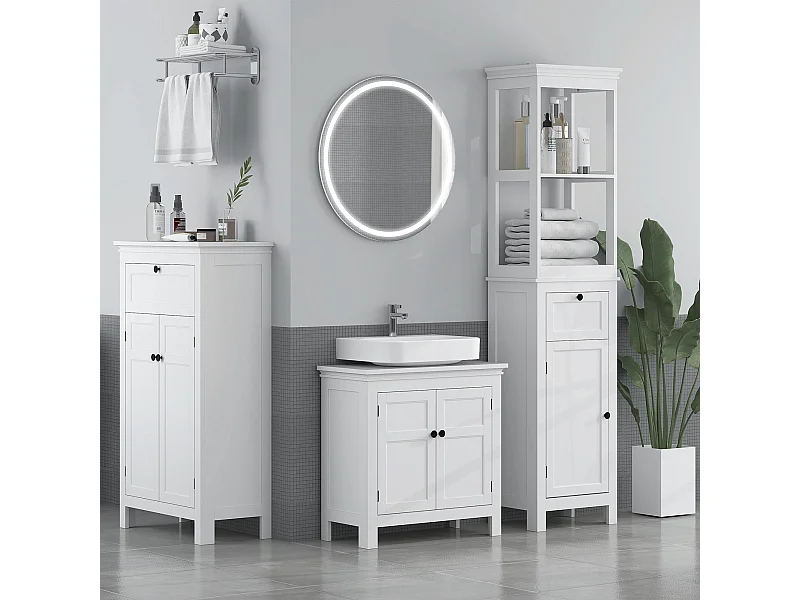 Meuble colonne salle de bain style classique chic porte 3 étagères tiroir blanc