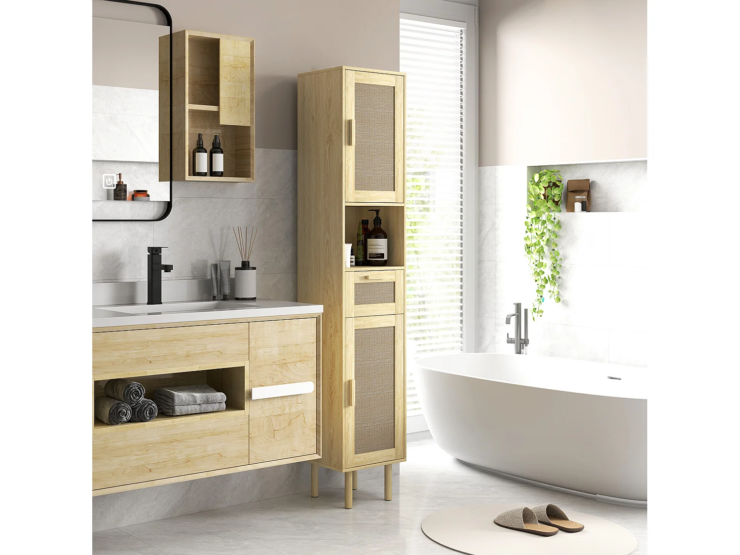 Colonne de salle de bain style bohème H. 170 cm - 2 portes, étagères, tiroir, niche - effet rotin bois clair