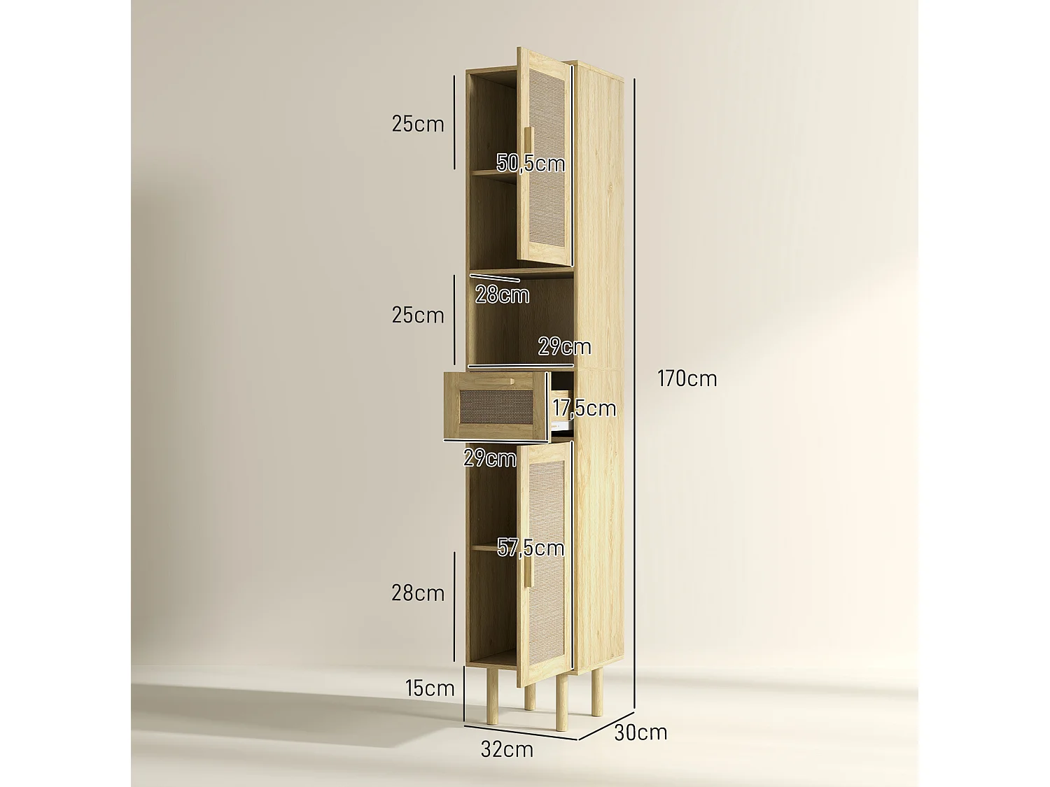 Colonne de salle de bain style bohème H. 170 cm - 2 portes, étagères, tiroir, niche - effet rotin bois clair