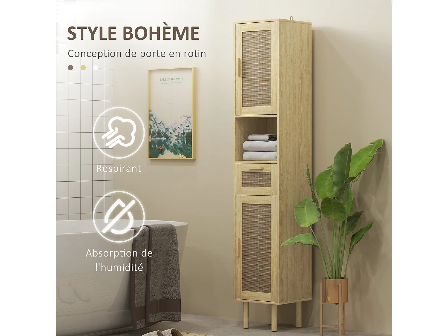Colonne de salle de bain style bohème H. 170 cm - 2 portes, étagères, tiroir, niche - effet rotin bois clair