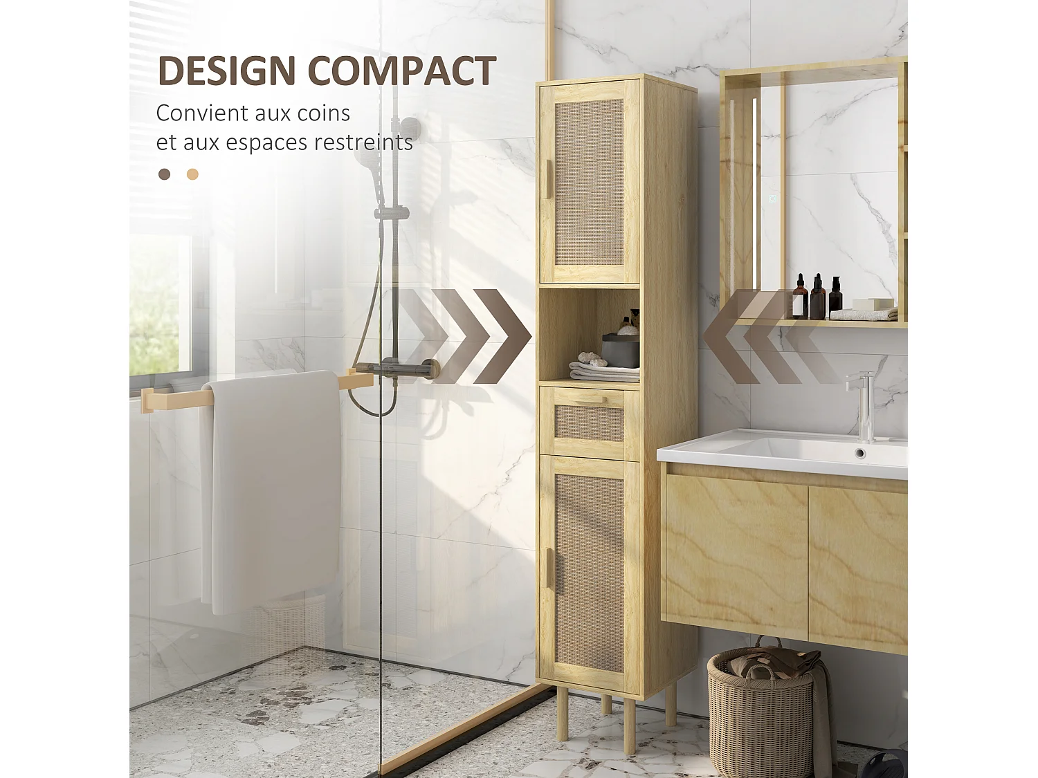 Colonne de salle de bain style bohème H. 170 cm - 2 portes, étagères, tiroir, niche - effet rotin bois clair