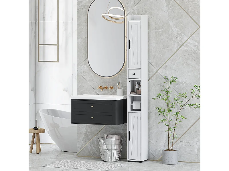 Colonne salle de bain meuble WC 2 portes 2 étagères tiroir niche porte-papier dim. 20x20x185cm blanc