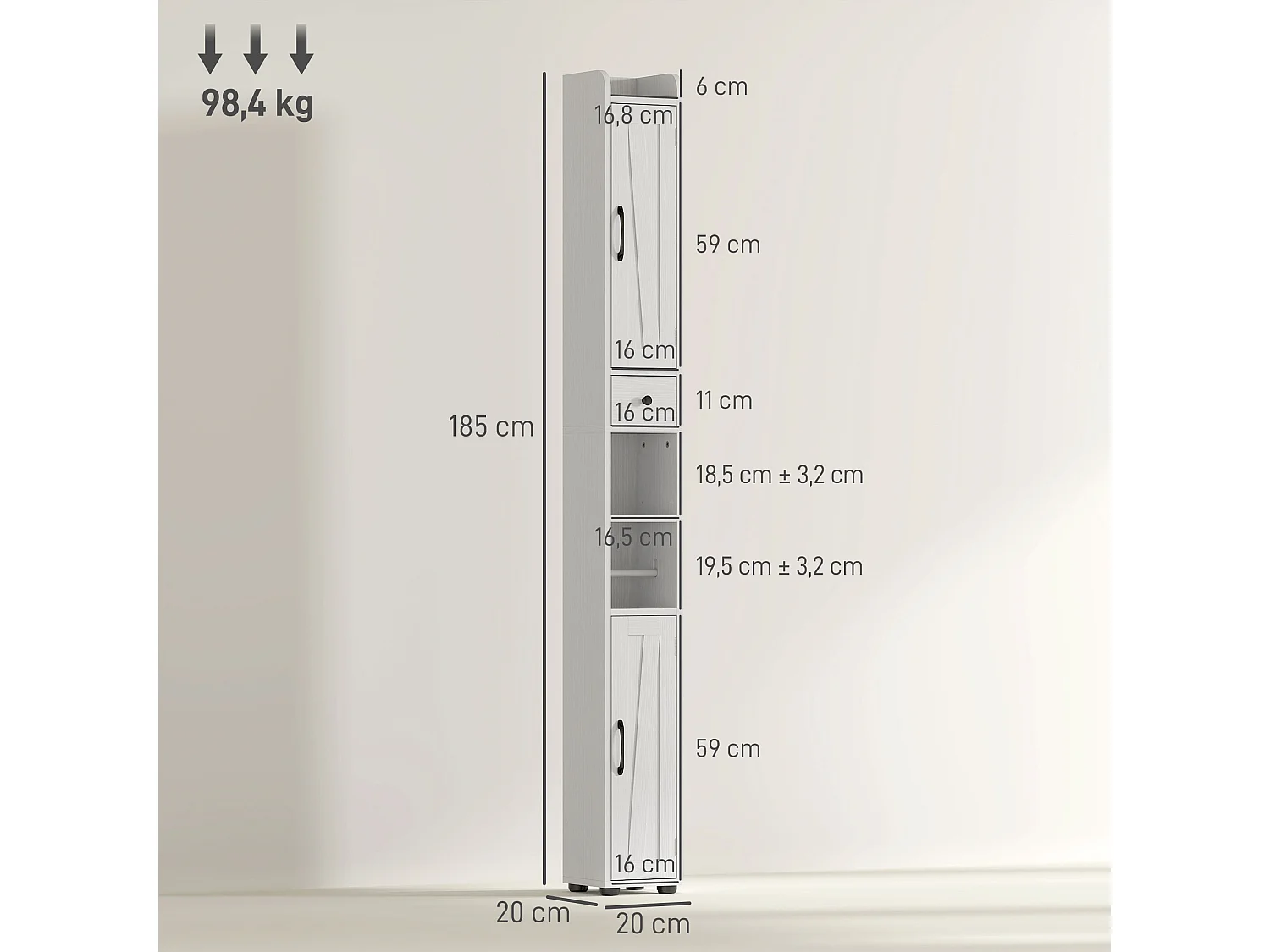 Colonne salle de bain meuble WC 2 portes 2 étagères tiroir niche porte-papier dim. 20x20x185cm blanc