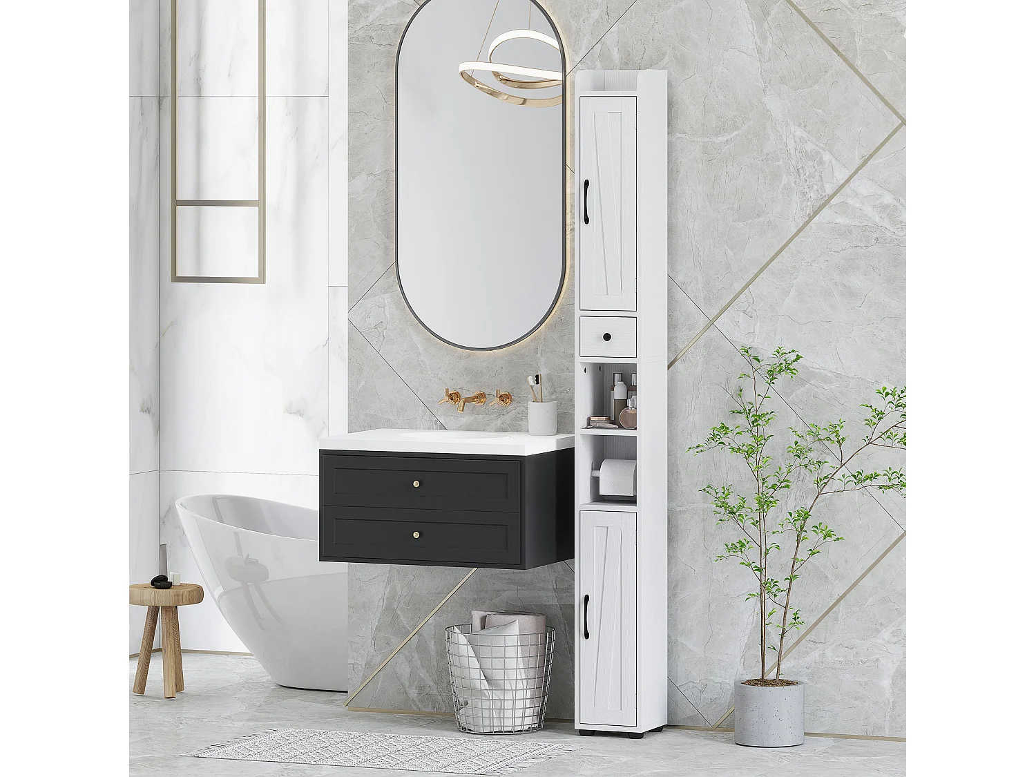 Colonne salle de bain meuble WC 2 portes 2 étagères tiroir niche porte-papier dim. 20x20x185cm blanc