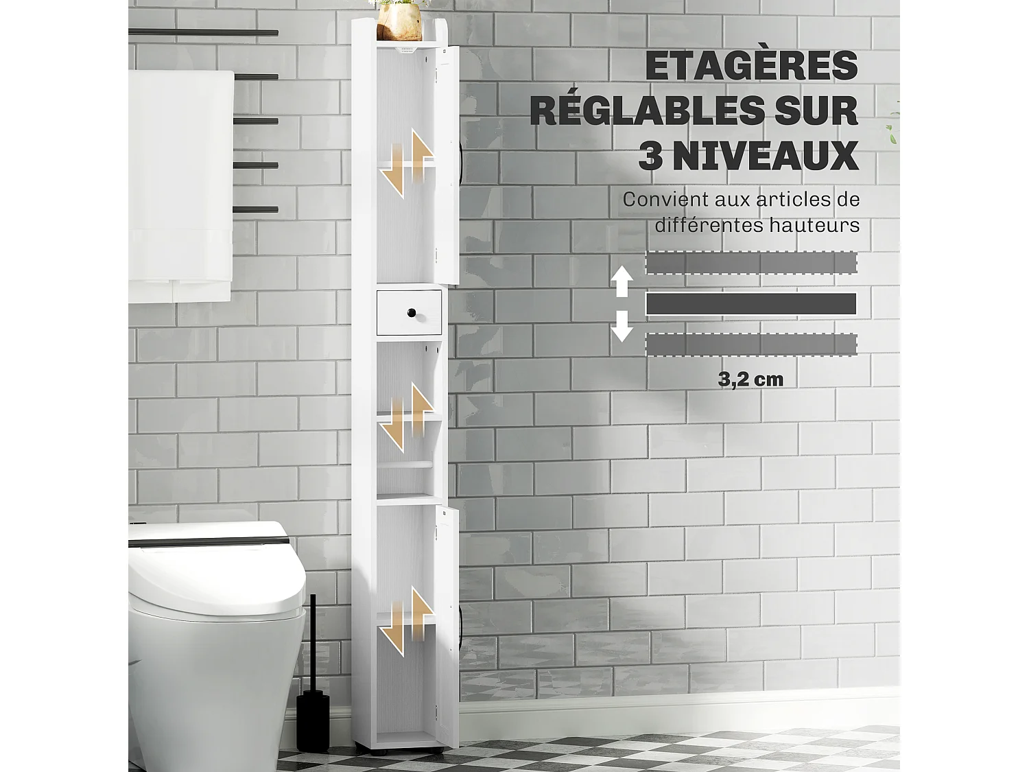 Colonne salle de bain meuble WC 2 portes 2 étagères tiroir niche porte-papier dim. 20x20x185cm blanc
