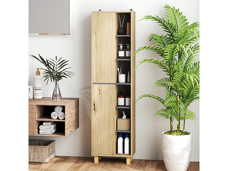 Colonne salle de bain design H.148 cm - 2 portes, 4 étagères, 6 niches - gris effet bois clair naturel