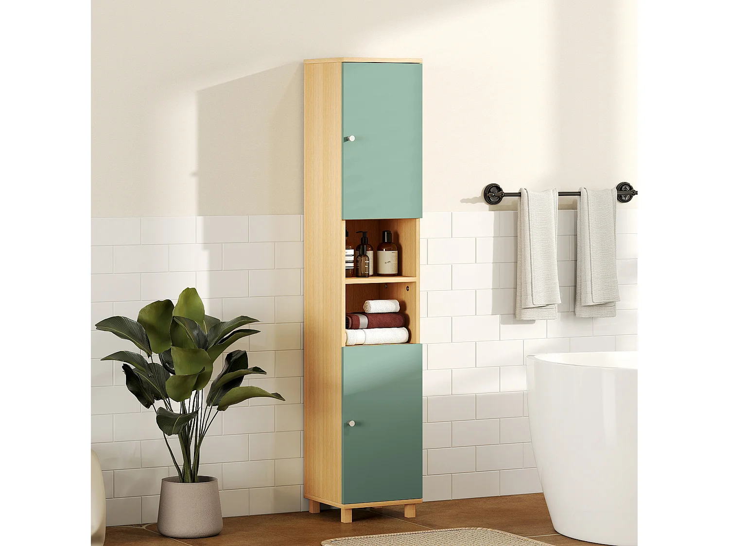 Colonne salle de bain 2 portes 2 étagères 2 niches dim. 30 x 30 x 166 cm effet bois clair vert d'eau
