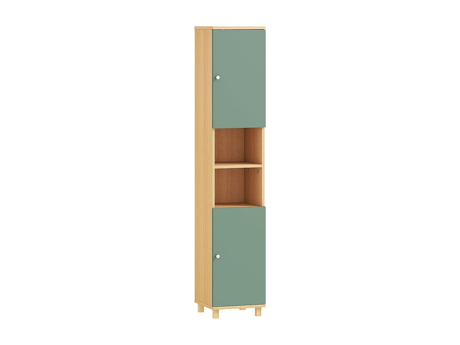 Colonne salle de bain 2 portes 2 étagères 2 niches dim. 30 x 30 x 166 cm effet bois clair vert d'eau