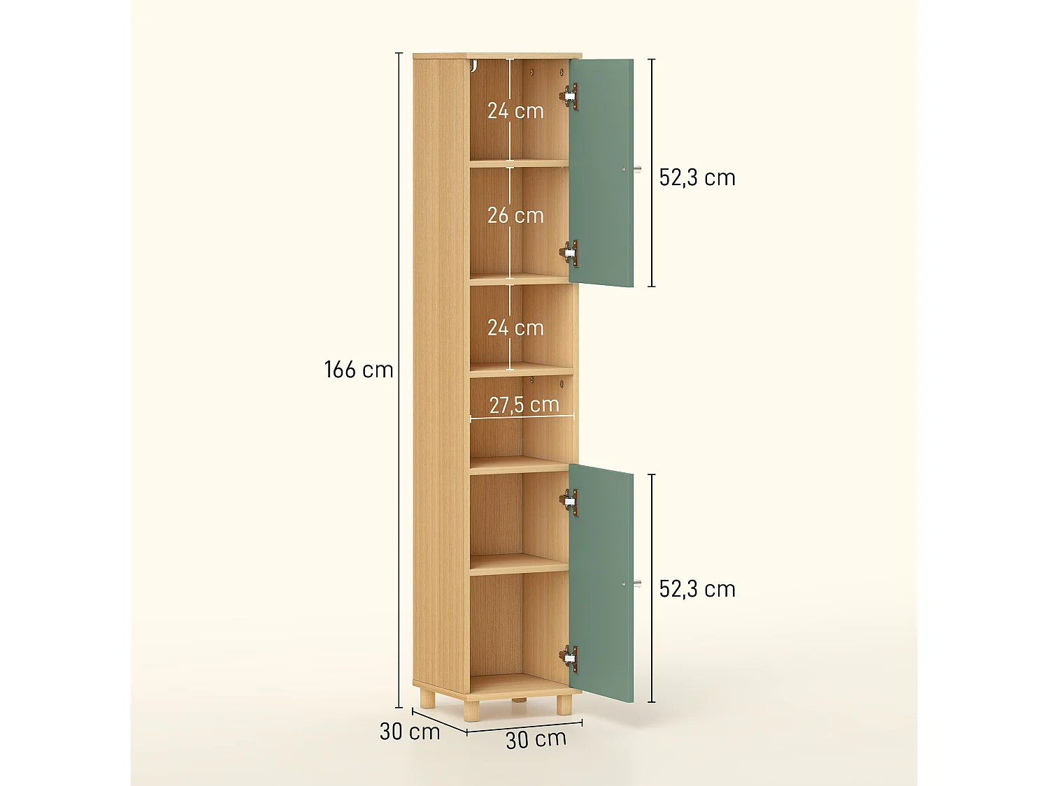 Colonne salle de bain 2 portes 2 étagères 2 niches dim. 30 x 30 x 166 cm effet bois clair vert d'eau
