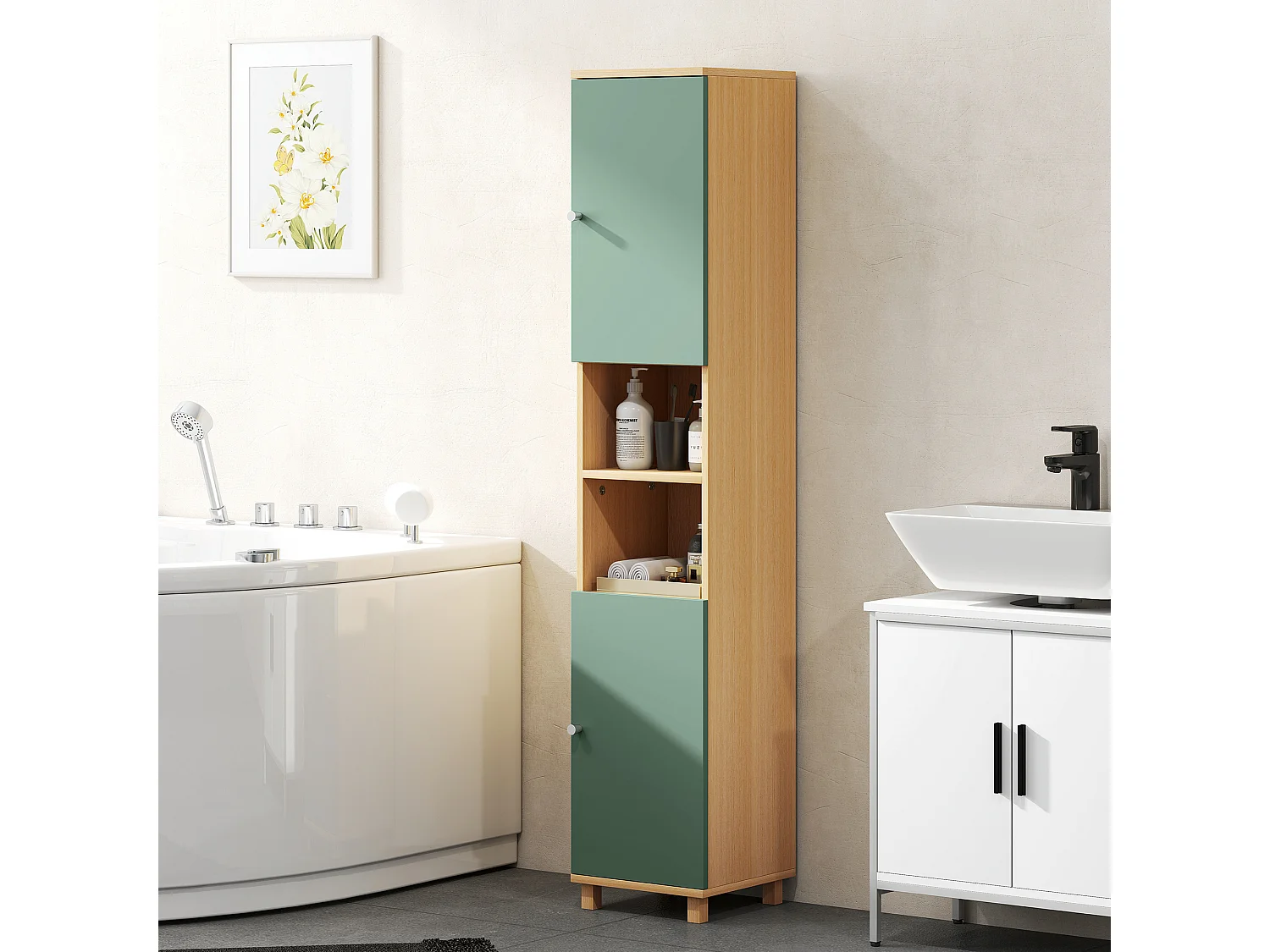 Colonne salle de bain 2 portes 2 étagères 2 niches dim. 30 x 30 x 166 cm effet bois clair vert d'eau