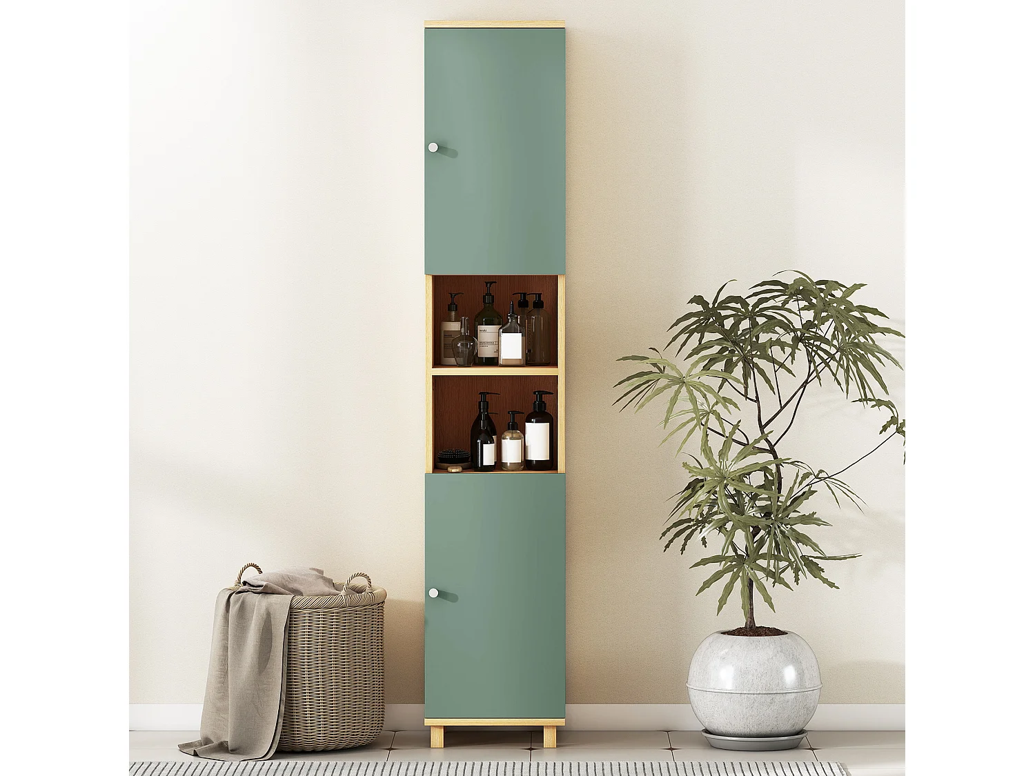 Colonne salle de bain 2 portes 2 étagères 2 niches dim. 30 x 30 x 166 cm effet bois clair vert d'eau