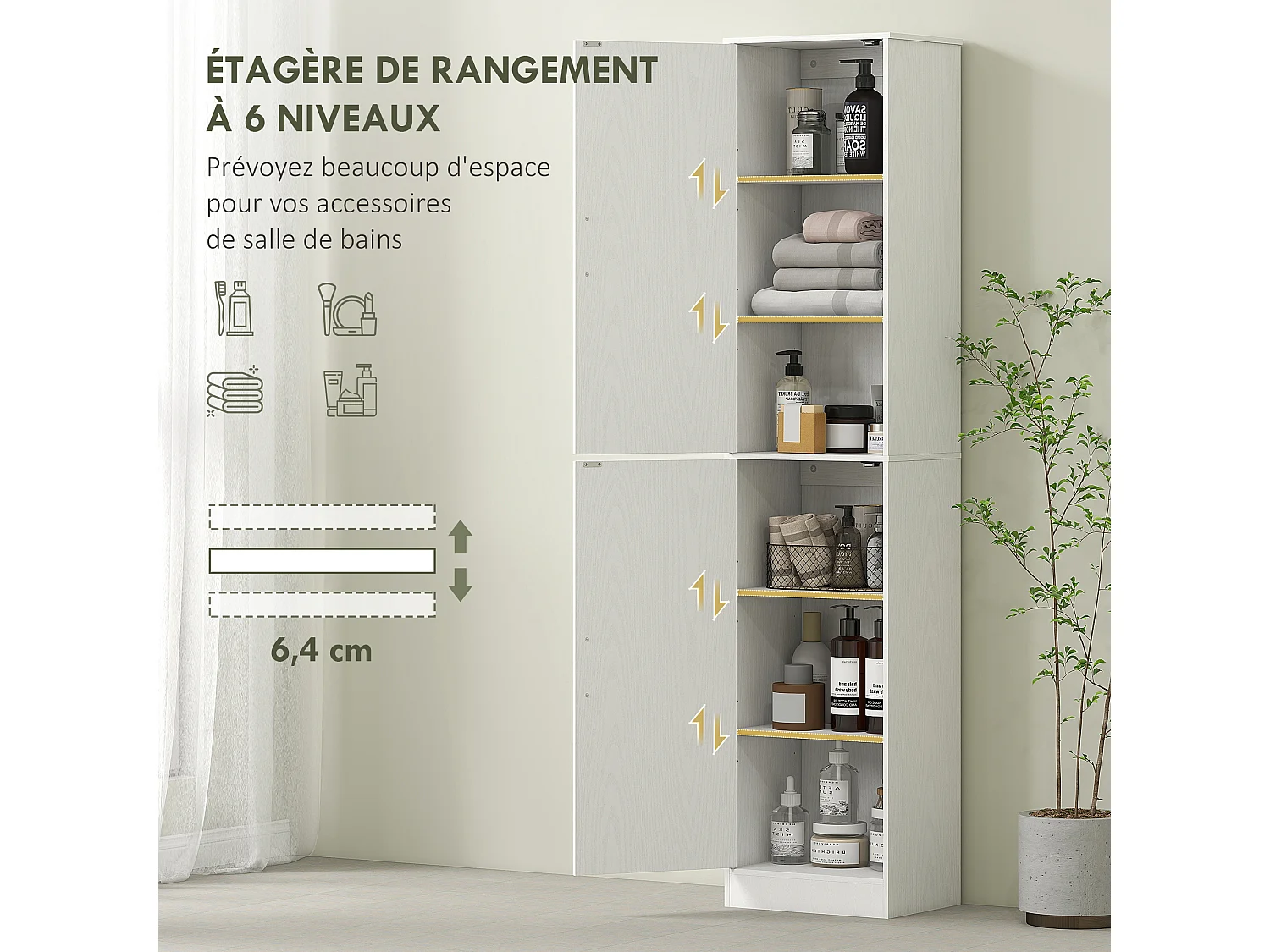Colonne salle de bain H180 cm - 2 portes, 4 étagères réglables - effet bois blanc
