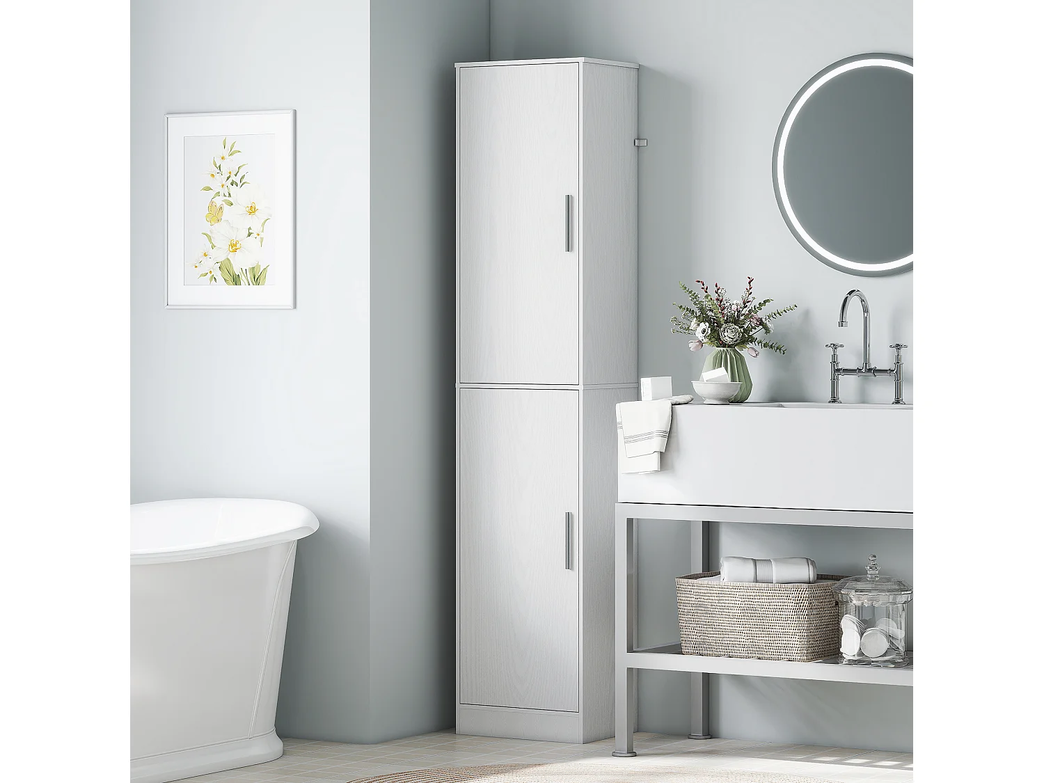 Colonne salle de bain H180 cm - 2 portes, 4 étagères réglables - effet bois blanc