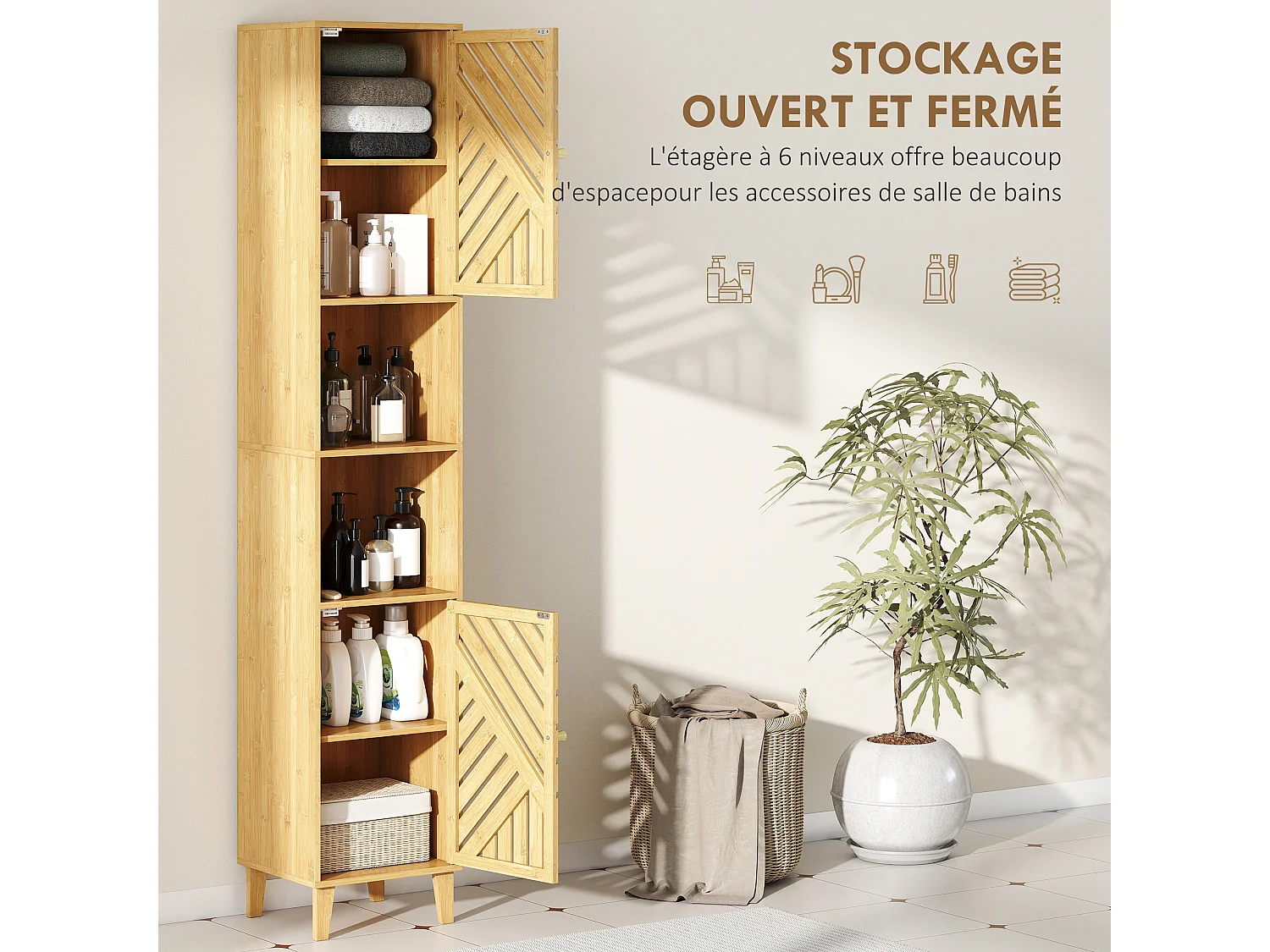 Armoire de Salle de Bain en Bambou avec Étagères Ouvertes et Placards - Meuble Étroit et Élégant