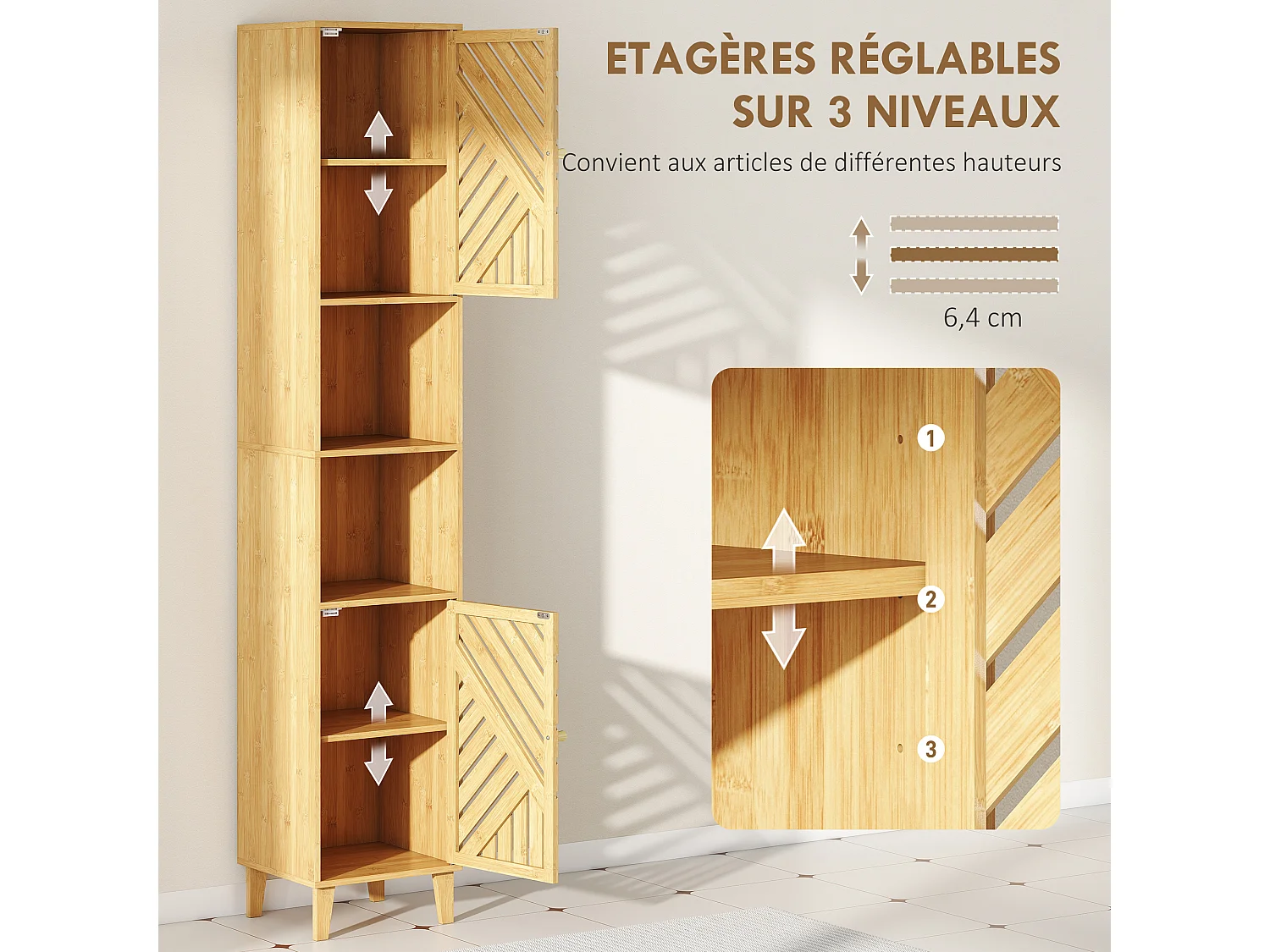 Armoire de Salle de Bain en Bambou avec Étagères Ouvertes et Placards - Meuble Étroit et Élégant