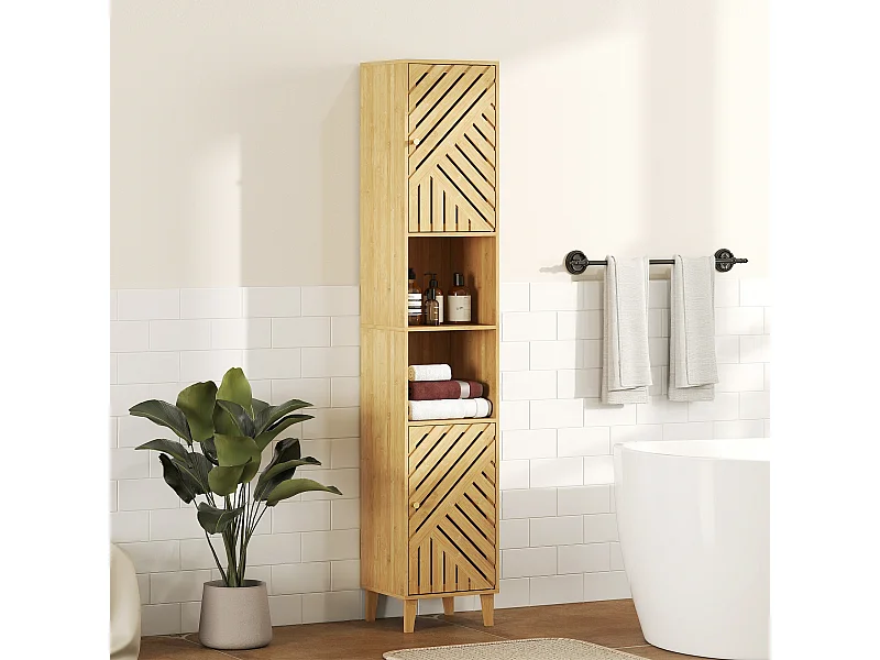 Armoire de Salle de Bain en Bambou avec Étagères Ouvertes et Placards - Meuble Étroit et Élégant