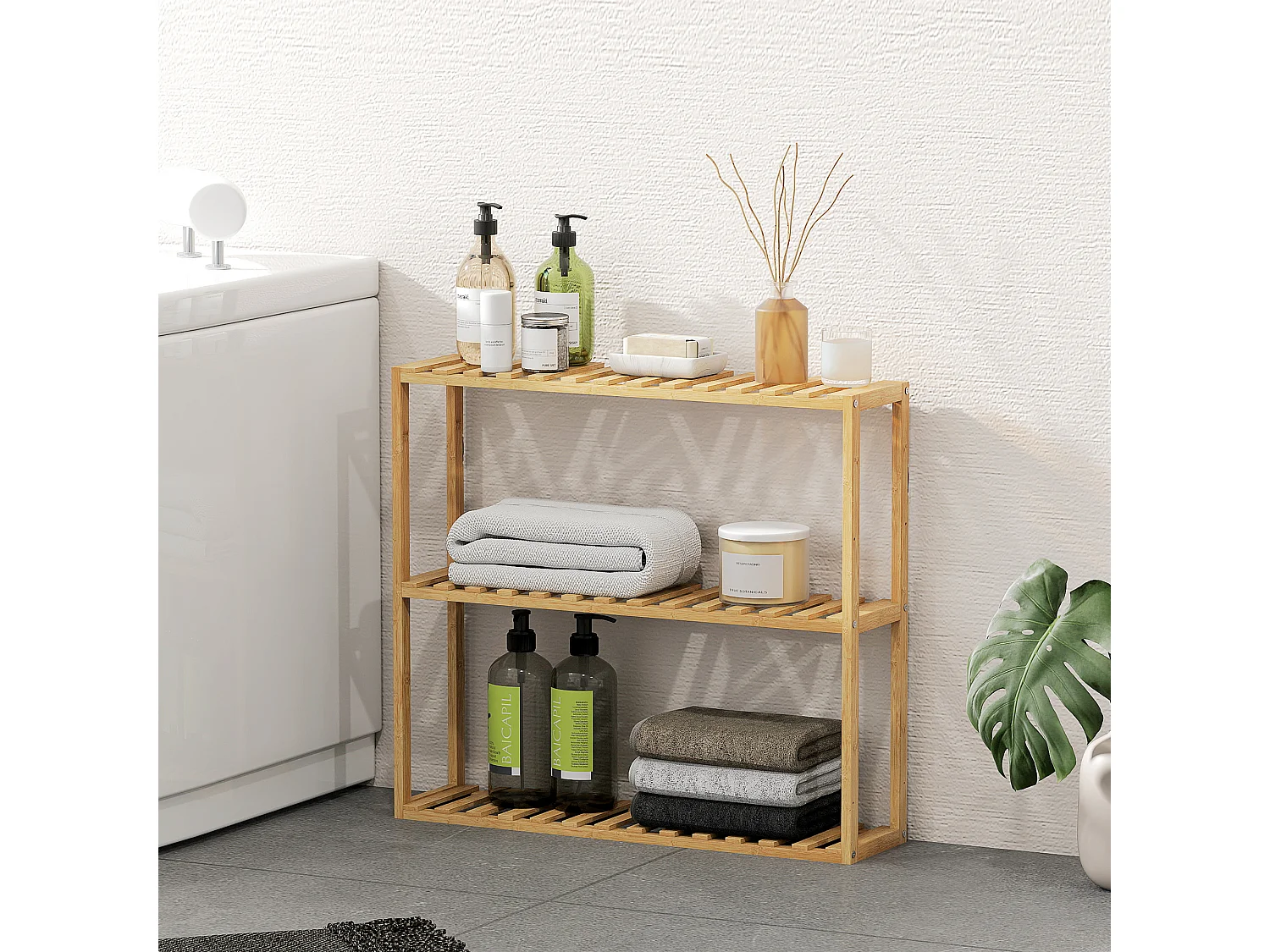 Étagère salle de bain bois bambou verni 3 niveaux réglables étagères à lattes dim. 43 x 31 x 80 cm