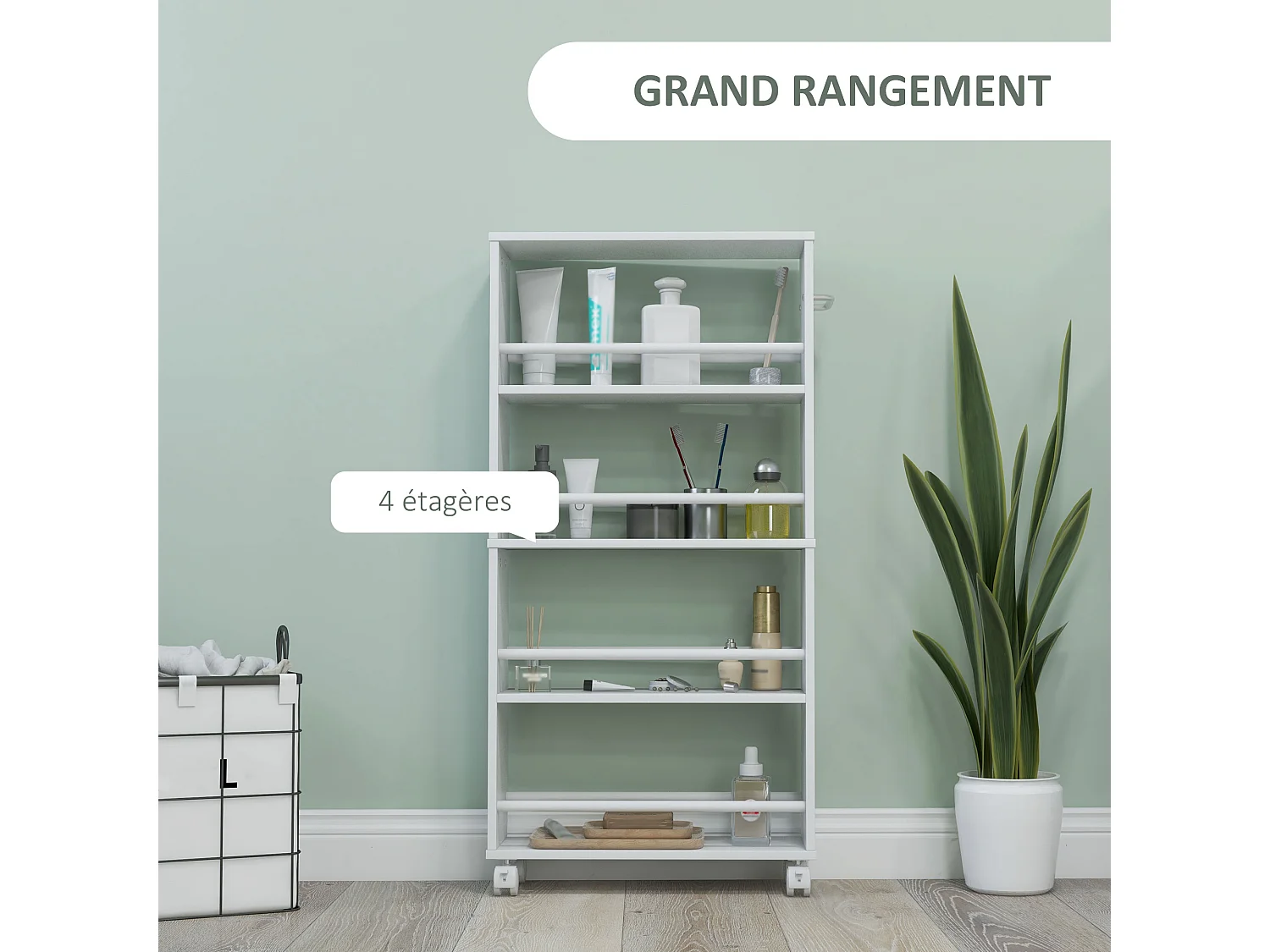 Chariot de rangement 4 niveaux - desserte à roulettes - cuisine ou salle de bain - blanc