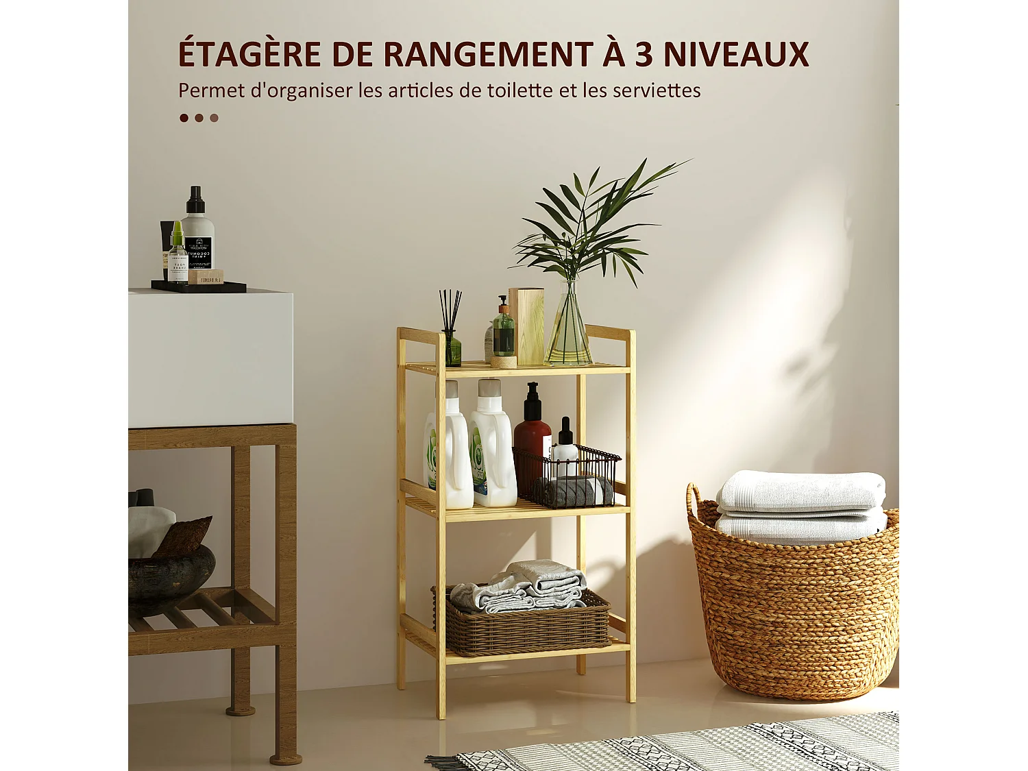 Étagère salle de bain bois bambou verni 3 niveaux réglables étagères à lattes dim. 43 x 31 x 80 cm
