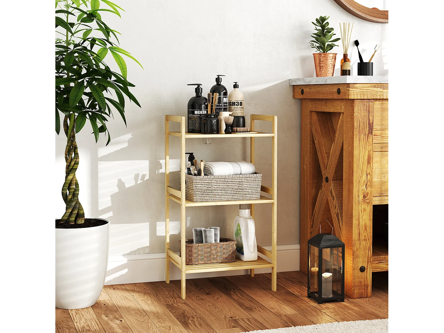 Étagère salle de bain bois bambou verni 3 niveaux réglables étagères à lattes dim. 43 x 31 x 80 cm