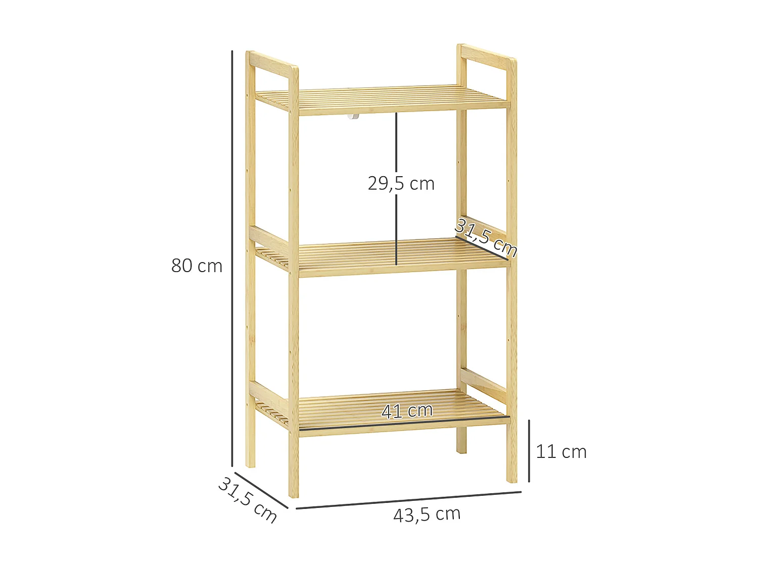 Étagère salle de bain bois bambou verni 3 niveaux réglables étagères à lattes dim. 43 x 31 x 80 cm