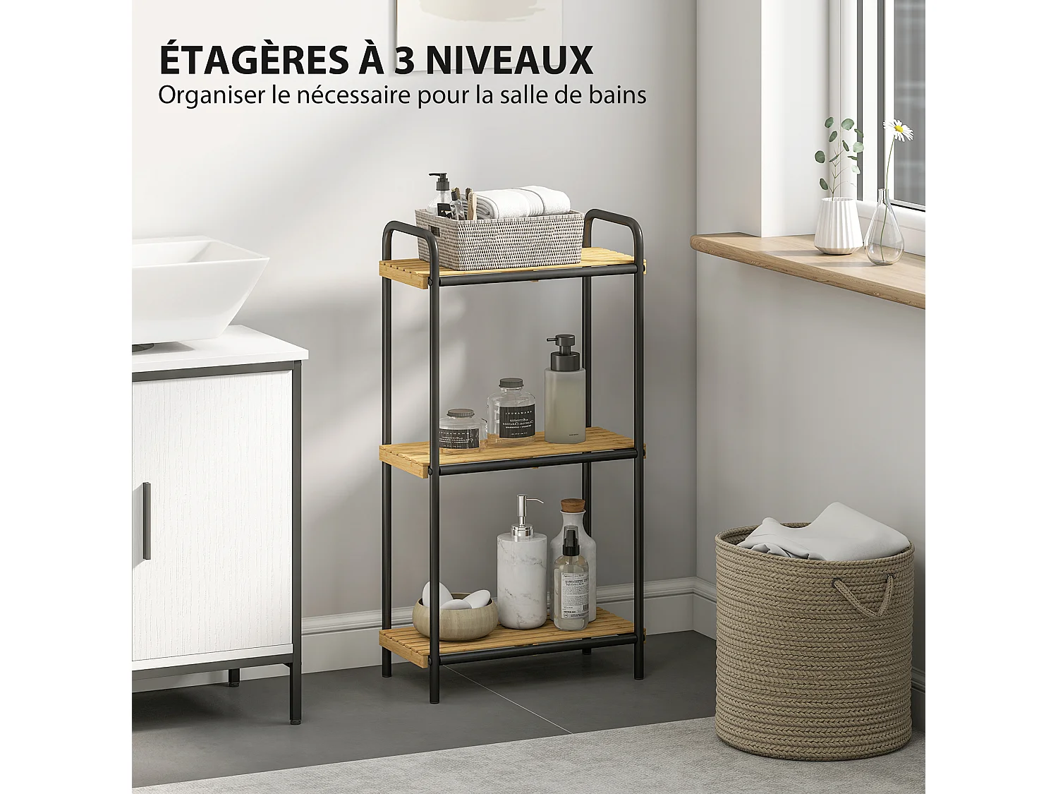 Étagère Salle de Bain Bambou 3 Niveaux Autoportante Noir 41,5 x 21,5 x 77,5 cm