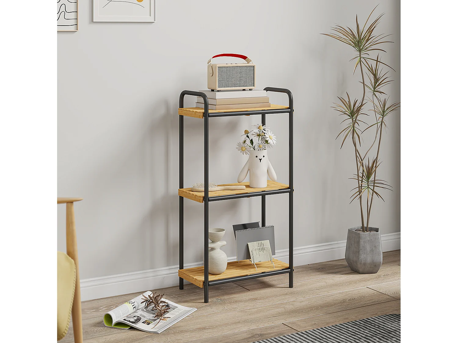 Étagère salle de bain bambou 3 niveaux acier noir dim. 41,5 x 21,5 x 77,5 cm