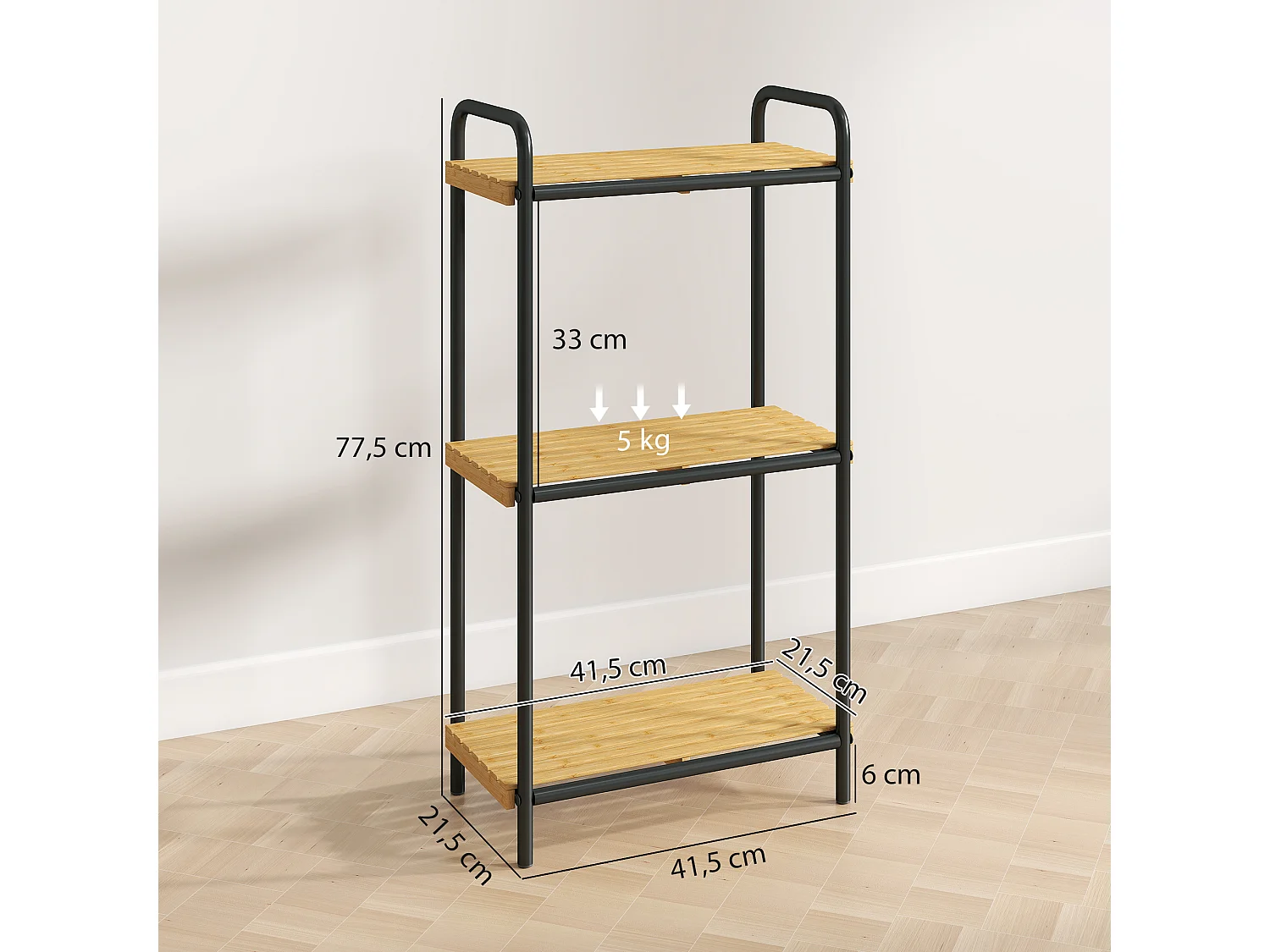 Étagère salle de bain bambou 3 niveaux acier noir dim. 41,5 x 21,5 x 77,5 cm