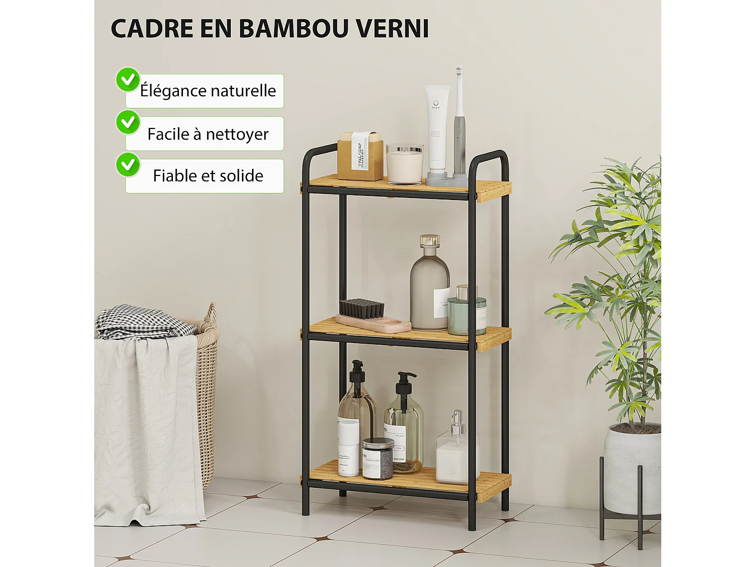 Étagère salle de bain bambou 3 niveaux acier noir dim. 41,5 x 21,5 x 77,5 cm