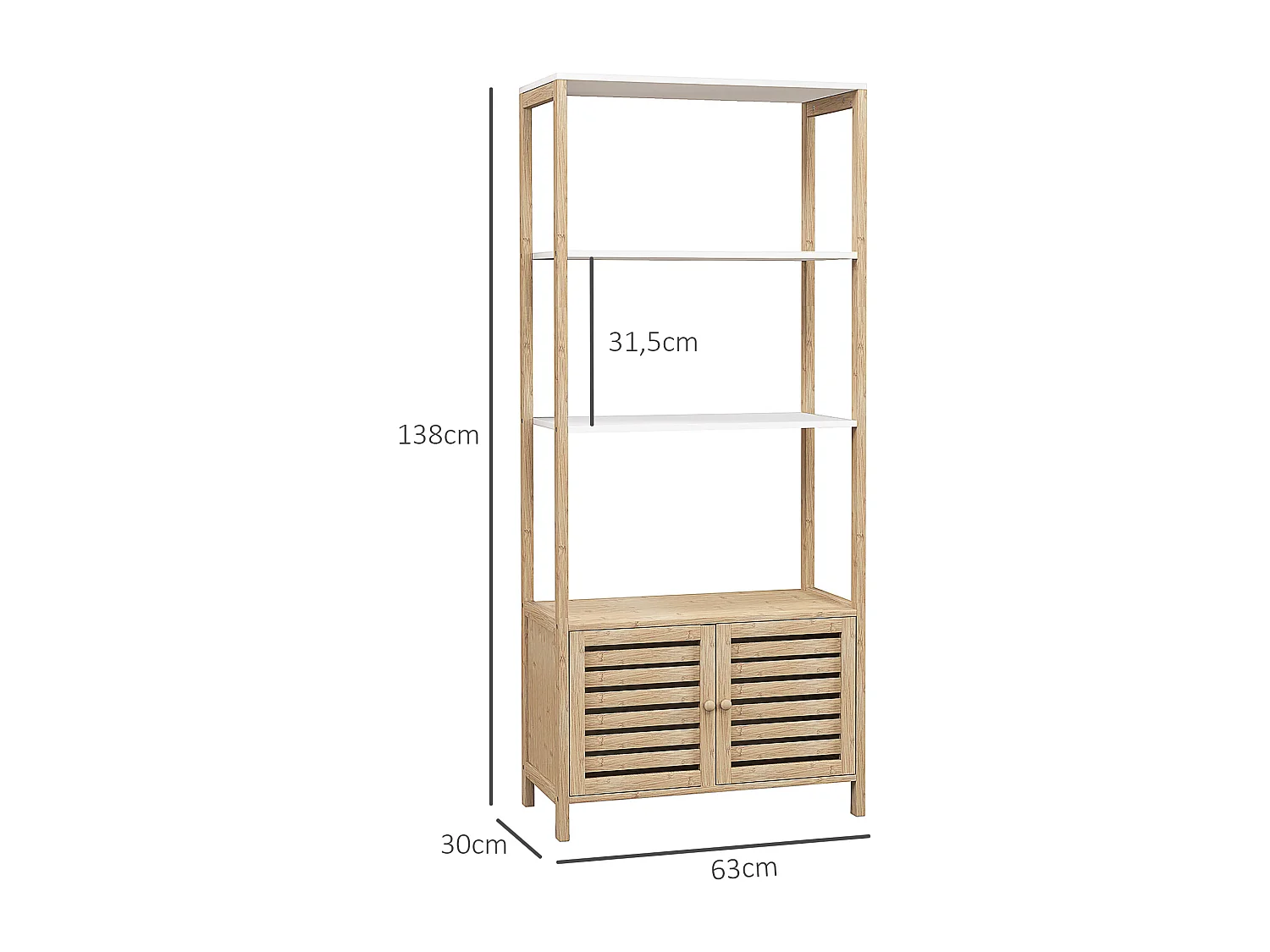 Meuble de Salle de Bain avec 3 étagères en Bambou 1 Placard avec Portes à Lattes 63 x 30 x 138 cm Bois Naturel et Blanc