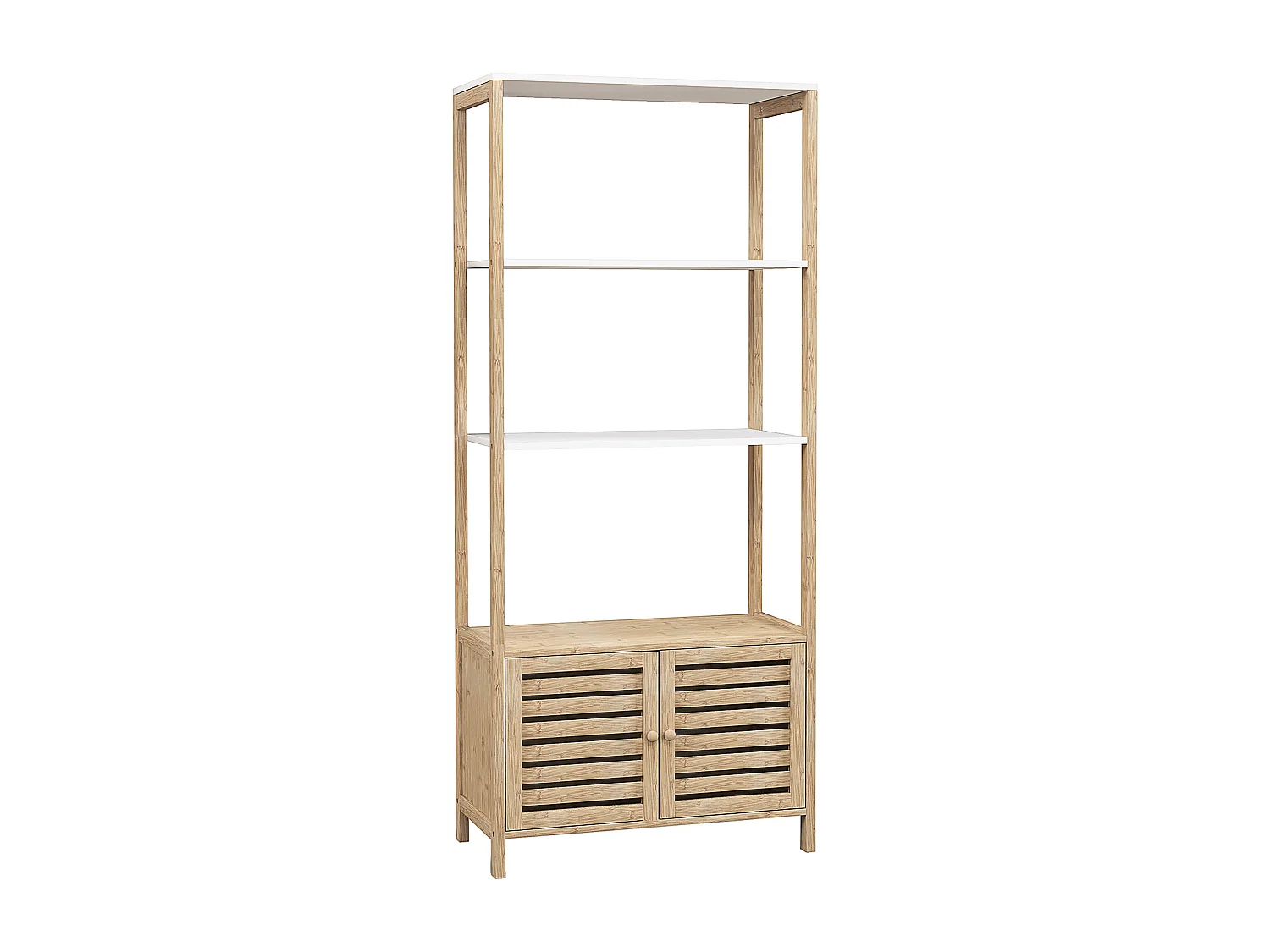 Meuble de Salle de Bain avec 3 étagères en Bambou 1 Placard avec Portes à Lattes 63 x 30 x 138 cm Bois Naturel et Blanc