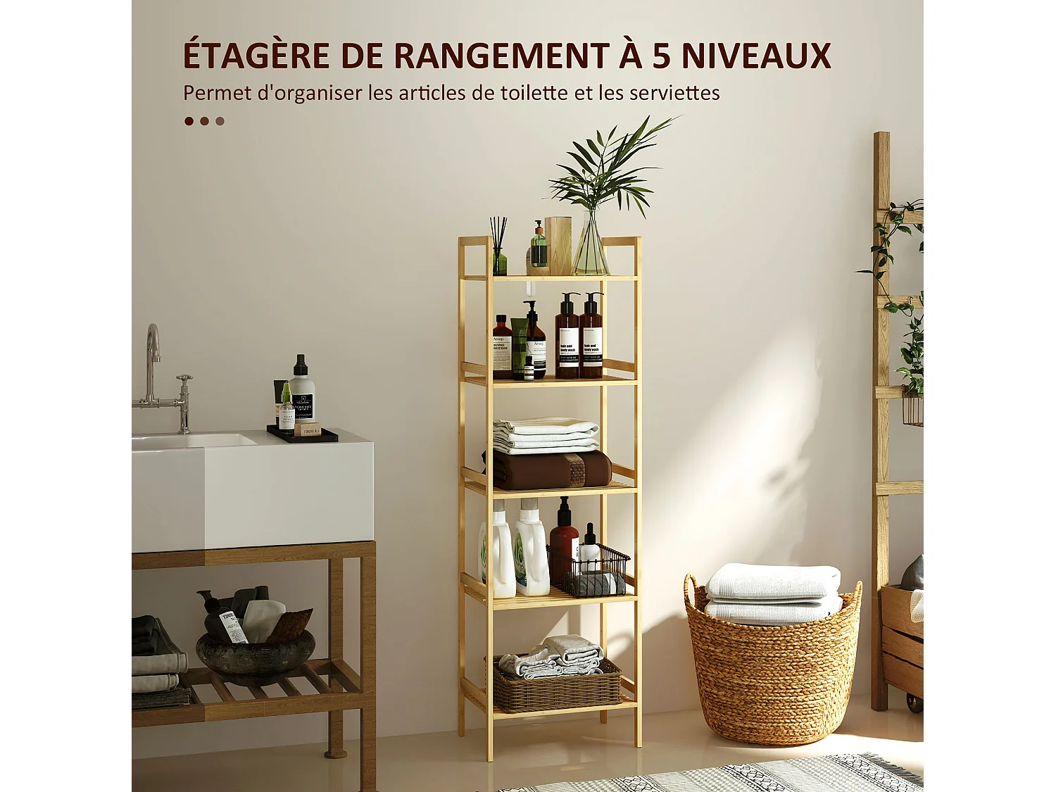 Étagère salle de bain bois bambou verni 5 niveaux réglables étagères à lattes dim. 43 x 31 x 142 cm