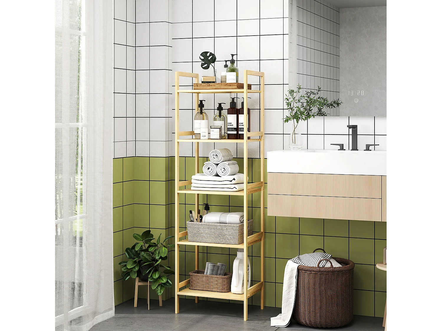 Étagère salle de bain bois bambou verni 5 niveaux réglables étagères à lattes dim. 43 x 31 x 142 cm