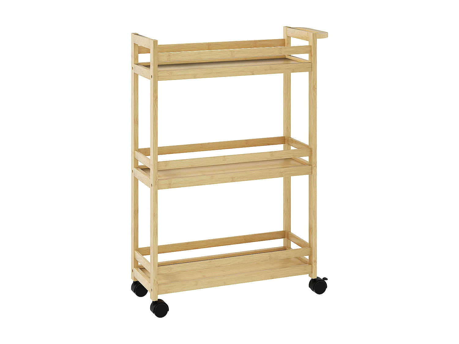 Desserte salle de bain style cosy bambou verni 3 étagères, poignée, 4 roulettes pivotantes