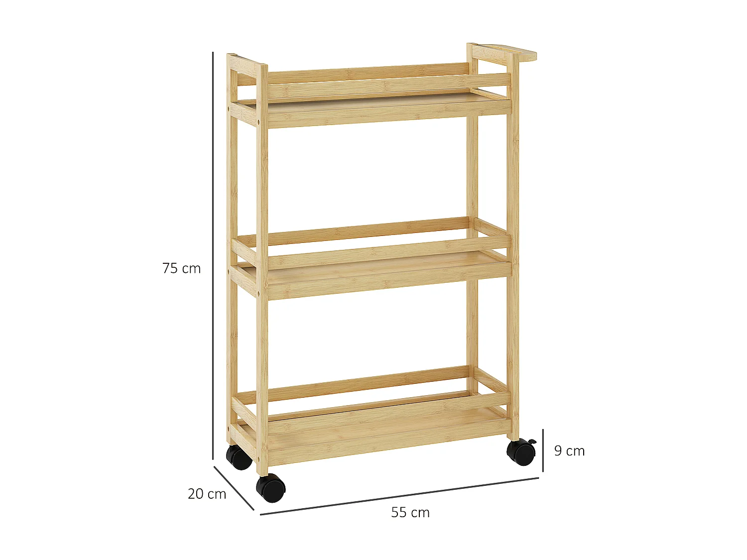 Desserte salle de bain style cosy bambou verni 3 étagères, poignée, 4 roulettes pivotantes