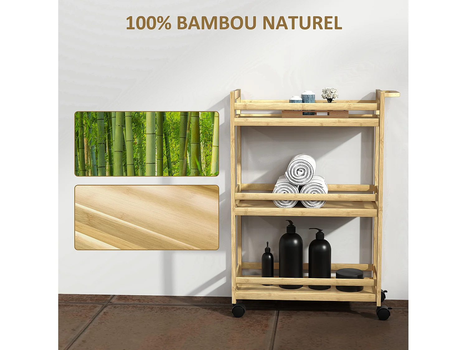 Desserte salle de bain style cosy bambou verni 3 étagères, poignée, 4 roulettes pivotantes