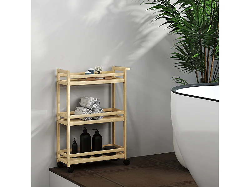 Desserte salle de bain style cosy bambou verni 3 étagères, poignée, 4 roulettes pivotantes